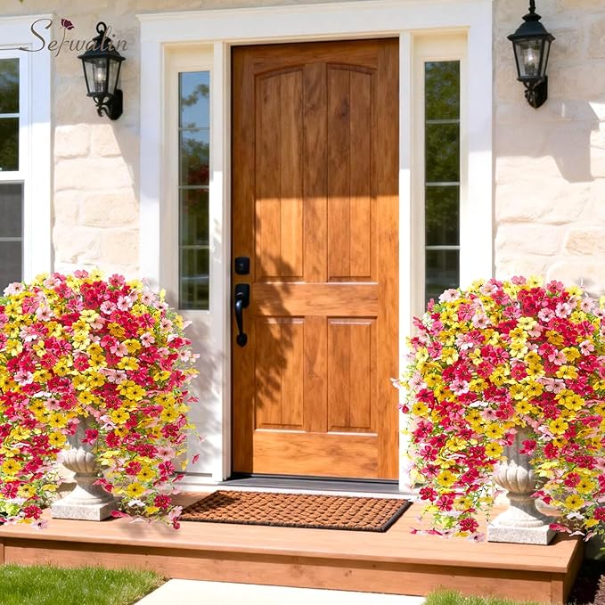 Serwalin 6PCS Artificial Fall Flowers for Outdoors Decoration, Realistic Silk Artificial Fall Hanging Flowers for Patio, Garden, Porch, Window, Outside (Yellow, Hot Pink & Pink,6PCS)