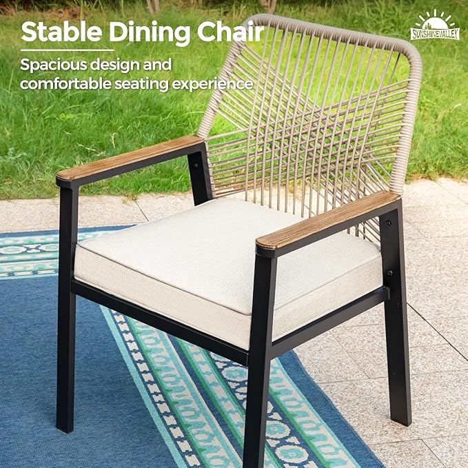 Patio Dining Chairs Set of 8, Heavy-Duty Woven Rope Outdoor Chairs with Waterproof Cushion and Wrought Iron Frame, All-Weather Outside Seating for Kitchen Garden Deck Backyard