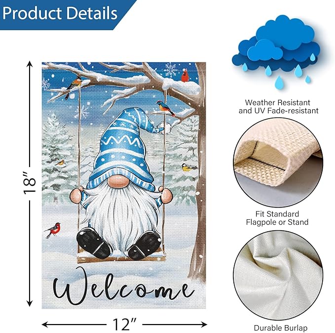 Louise Maelys Winter Garden Flag Gnome Welcome Bird Cardinal Tree 12x18 Inch Double Sided Snowy Swing Christmas Xmas Holiday Seasonal Small Burlap Yard Sign Outdoor House Decor