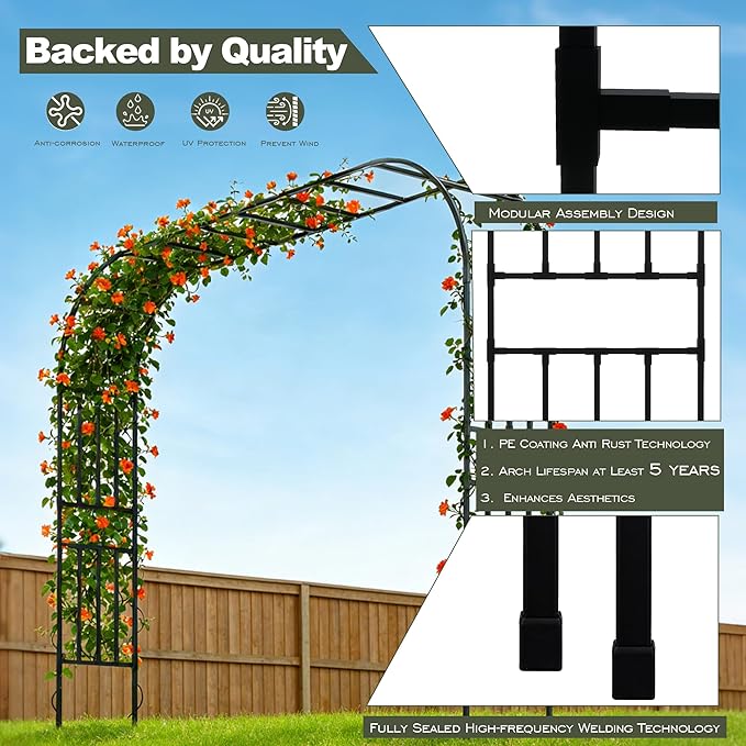 Carotex Square Tube Garden Arch Trellis, 10.5FT x 8FT Metal Arbor, Outdoor Trellis for Climbing Plants, Black