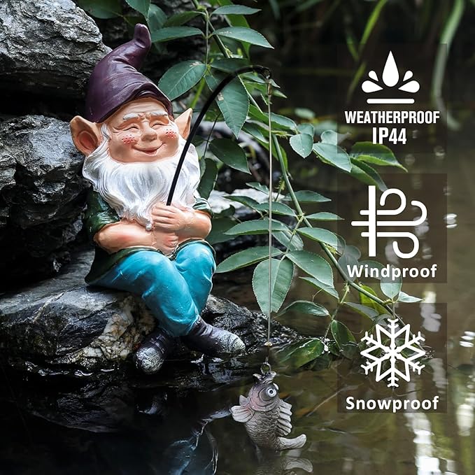 Garden Gnome Pond Decortations Outdoor Statue for Patio, Pond and Waterfall, Gnome Statue Koi Pond Decor, 9.7 Inch Fishing Gnome Figurine & Sculpture Poolside Statue with Luminous Stone