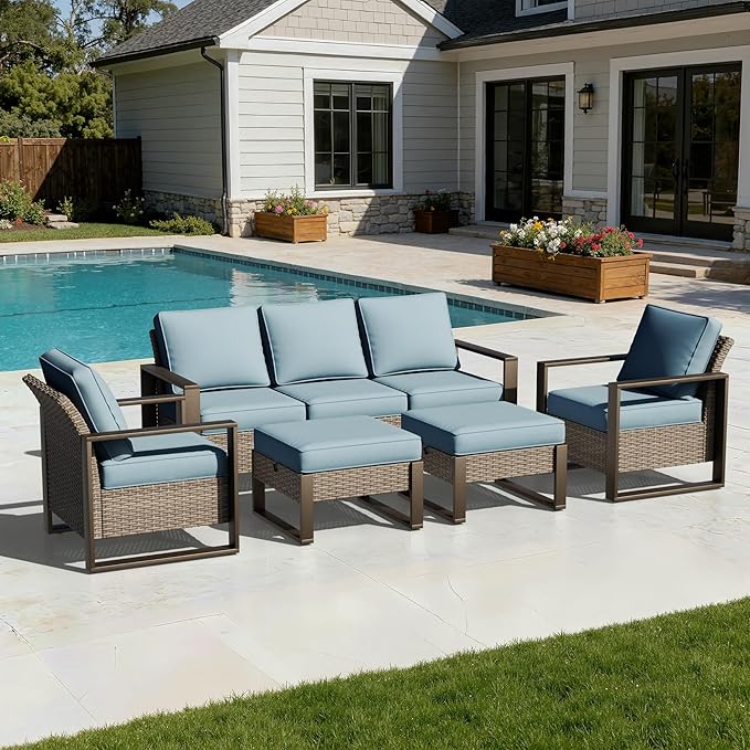 Joyside Outdoor Patio Chairs, 5 Pieces Wicker Rattan Furniture Set, 2 Patio Chairs, 1 Sofa and 2 Ottoman, Metal Wide Armrest, Thick Cushions and Deep Seating for Garden, Backyard, Porch, Deck