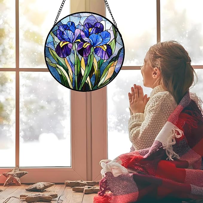 Stained Glass Window Hanging - Blue Purple Iris Flower Suncatcher for Door Garden Patio Sun Catchers Decor Christmas Mother's Day Birthday Gifts for Women Men Mom Nana Aunt Friend 9.8 in
