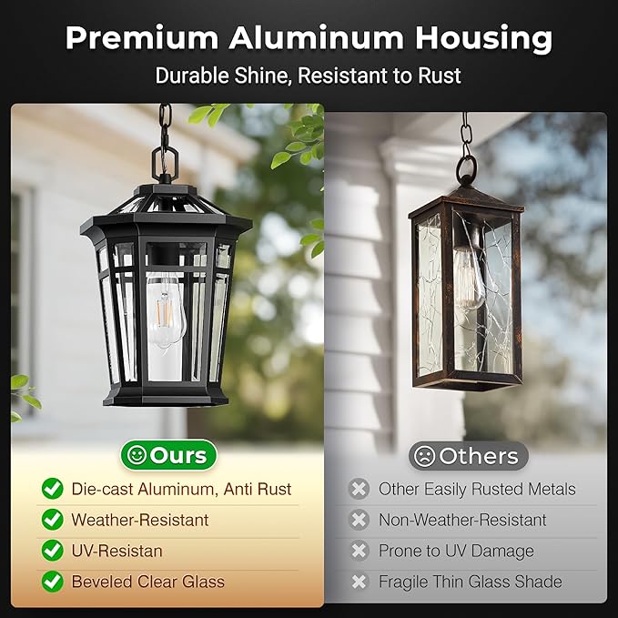 VIANIS Large Outdoor Pendant Lights for Porch, Black Hanging Light Fixture, 100% Aluminum Waterproof Anti-Rust Ceiling Lighting for House, Outside Hanging Lantern for Porch, Garden, Garage, 1-Light