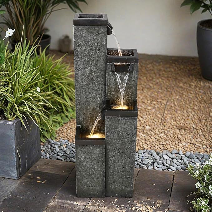 SunJet 4-Tier Modern Water Fountain, Indoor/Outdoor Resin Water Fountains with Soothing Water Sounds, Perfect for Garden, Patio, Home & Office, 12.5" L x 9.4" W x 39.3" H