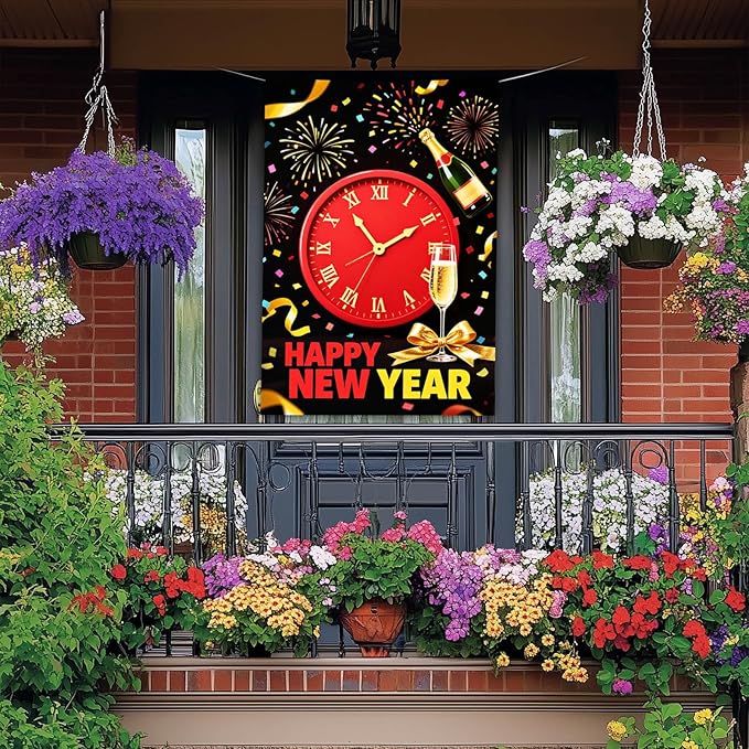 Happy New Year House Flag 28x40 Inch Red Clock Champagne Bottle and Fireworks Garden Flag Colorful Outdoor Yard Decoration Holiday Celebration Banner for Home Porch Lawn