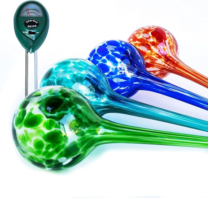 Cotswold Homeware Co Plant Watering Globes - Plant Watering Devices - Plant Watering Bulbs - Self Watering Spikes -Decorative Hand Blown Glass - Watering Bulbs - Free Moisture Meter 4 Large Size