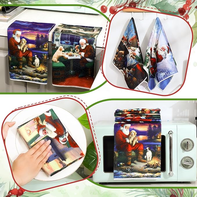 Bencailor 16 Pcs Christmas Kitchen Towels Santa Claus Hand Dish Towels Soft Absorbent Vintage Xmas Tea Dishcloths for Christmas Holiday Kitchen Bathroom Home Decor Gifts