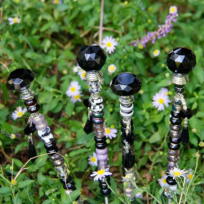 Exway 100 PCS DIY Fairy Wand Beaded Garden Stake Beads Kits with Black Large Hole Beads 4 Crystal Stopper Top Threaded Rods and 4 Black Sparkling Crystal Pendants for Outdoor Indoor Decor