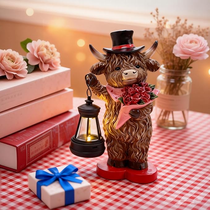 TERESA'S COLLECTIONS 8" Charming Highland Cow Garden Statue with Solar Lantern, Valentine's Day Resin Figurine Holding Roses and Wearing Top Hat, Weatherproof Outdoor Decor for Path Yard Porch