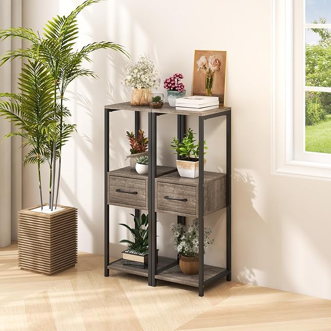 Giantex 3 Tier Tall Plant Stand Indoor, 36 Inch Corner Plant Holder with Drawer & Metal Frame, Modern Plant Shelf for Multiple Flower Pots, Square Plant Tables for Balcony, Living Room (2 Pack)