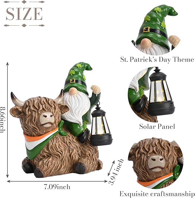 TERESA'S COLLECTIONS St Patricks Decorations for Outdoor Decor,Gnomes Resin Riding Highland Cow and Holding Lantern with Solar Lights for Outside,Shamrock Leprechaun Figurine, Irish Gifts,8.7"