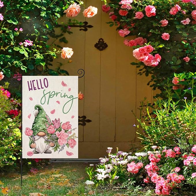 Hello Spring Garden Flag for Outside 12x18 Double Sided,Gnome with Roses Flowers Small Yard Flag, Summer Seasonal Decors for Outdoor Anniversary Wedding Farmhouse Holiday