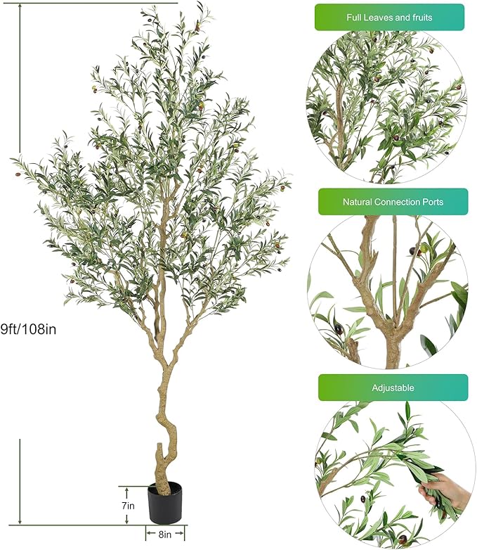 Nafresh Tall Faux Olive Tree，9ft（108in） Realistic Potted Silk Artificial Olive Tree， Fake Olive Trees Indoor with Green Leaves and Big Fruits for Home Office Living Room Stairs Patio Decor.