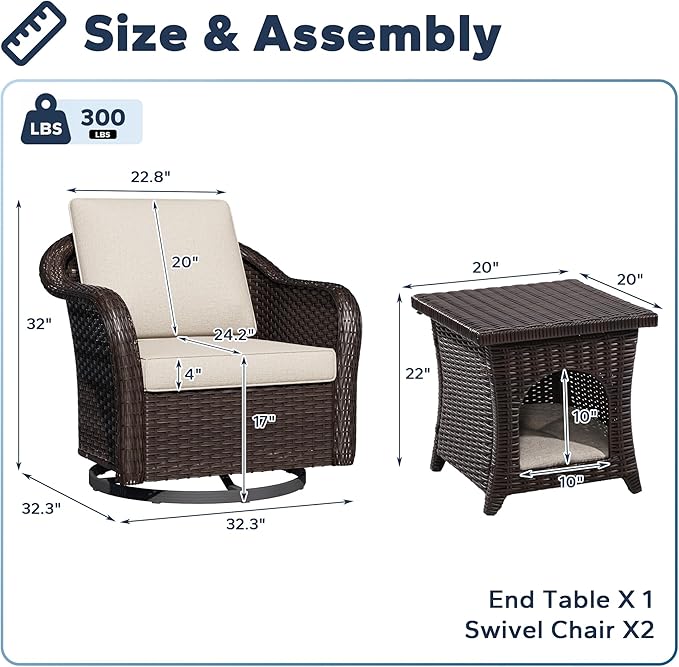 Outdoor Wicker 360 Degree Swivel Glider Rocker Chairs Set of 2 with Cat House Side Table, Patio Conversation Furniture Set with Washable Cushions for Garden, Poolside (Beige)