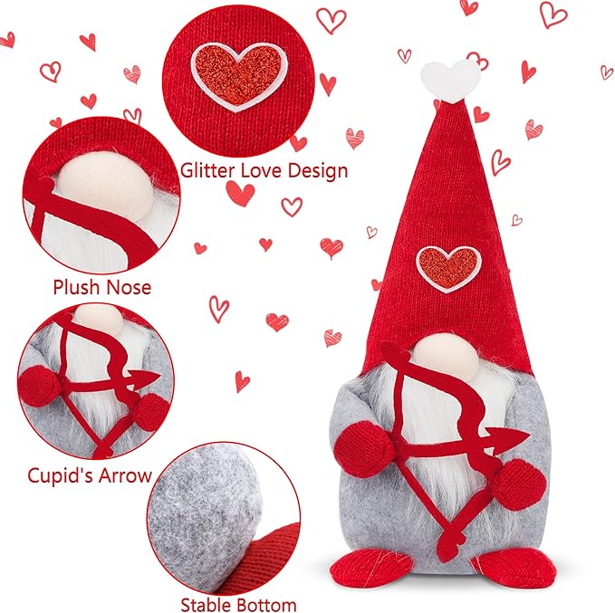 Valentine Day Decorations, 2 Pack Handmade Scandinavian Tomte Gnomes, Valentines Gnome Doll Tiered Tray Decorations, Plush Love Crafts Decor, Romantic Sweet Doll for Him Her Friends