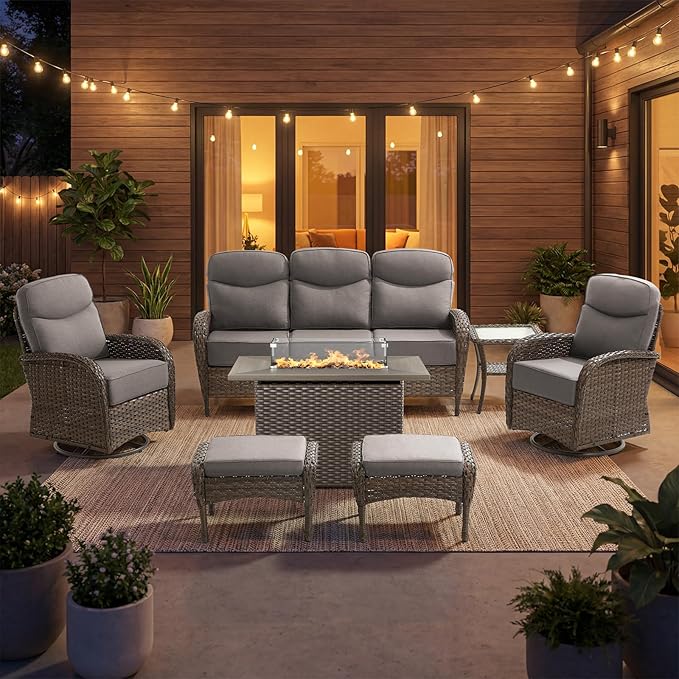 High Back Luxury Patio Furniture Set with Fire Pit Table, 6-Inch Cushion Swivel Rocker Patio Chairs with Outdoor Couch, 7 Piece Wicker Conversation Set for Deck Yard Garden Balcony Gray