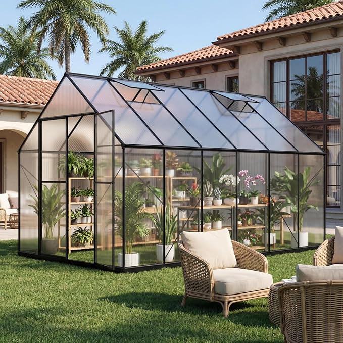 8x12 FT Greenhouse, Outdoor Greenhouse with Aluminum Frame, Polycarbonate Greenhouse for Outdoors with Roof Vent, Walk in Greenhouse for Outside Garden Backyard, Patio, Lawn (Black)