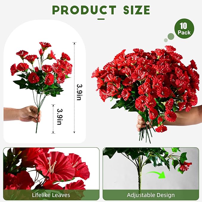 Artificial Morning Glory Flowers Plants for Outdoor 8 Pcs Faux Silk Petunias Flower Realistic Faux Flowers Plants for Outside Planter Porch Yard Patio Balcony Home Indoor Decor (8 Pcs Red)