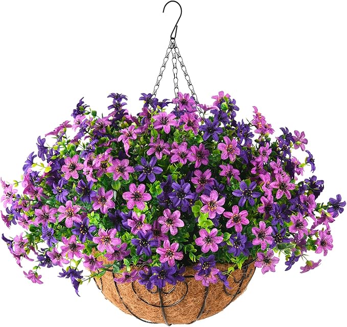 INQCMY Artificial Flowers Hanging Baskets for Outdoors Spring Decor, 12 Bundles Fake Plants Faux Silk Daisy with Eucalyptus Stem UV Resistant for Outside Patio Balcony Garden (Double Purple)