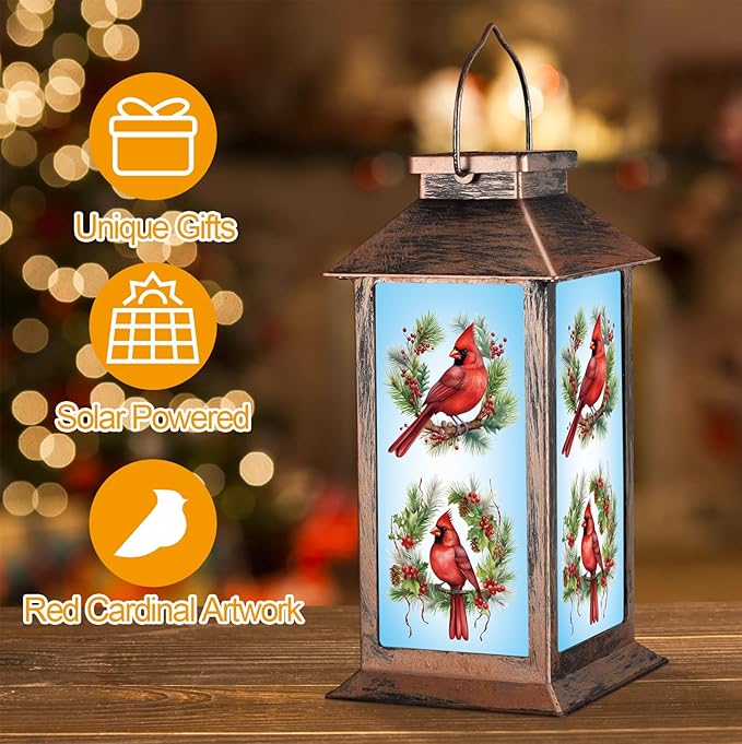 Solar Lanterns with Cardinal Theme Outdoor Waterproof Decorative Lights for Garden Birthday Gifts for Women, Mom, and Grandma Solar LED Hanging Lights for Yard, Patio, Lawn, and Porch(01-Floral Hoop)