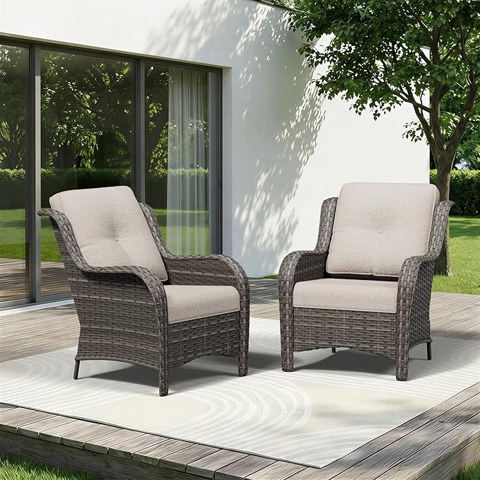 Patio Chairs Set of 2, Outdoor Wicker Patio Furniture Set with Thickened Olefin Cushions, High Back and Deep Seating, Wide Curved Armrest Hand-Woven PE Rattan for Porch, Deck, Beige