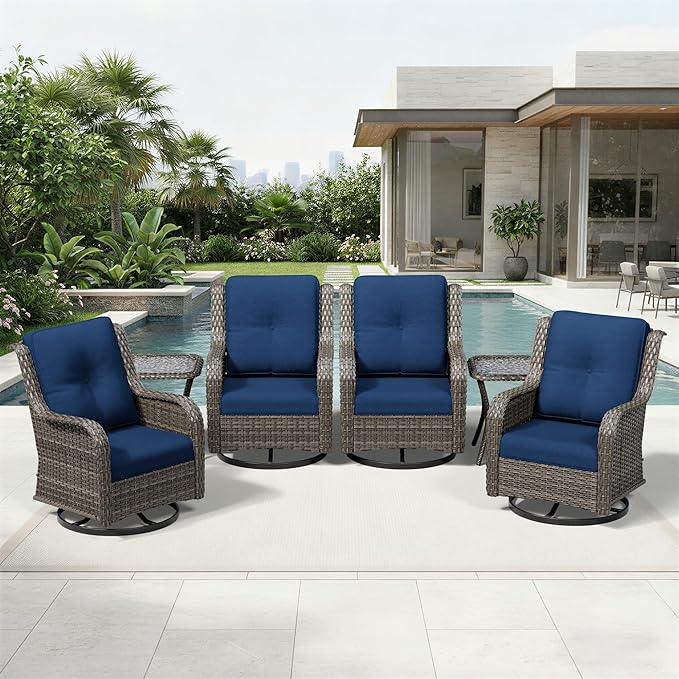 Joyside 6 Piece Wicker Patio Furniture Set, Outdoor Swivel Rocker Patio Chairs with High Back, Deep Seating, Wide Armrest, Thickened Cushions, Outdoor Furniture for Deck, Porch Use