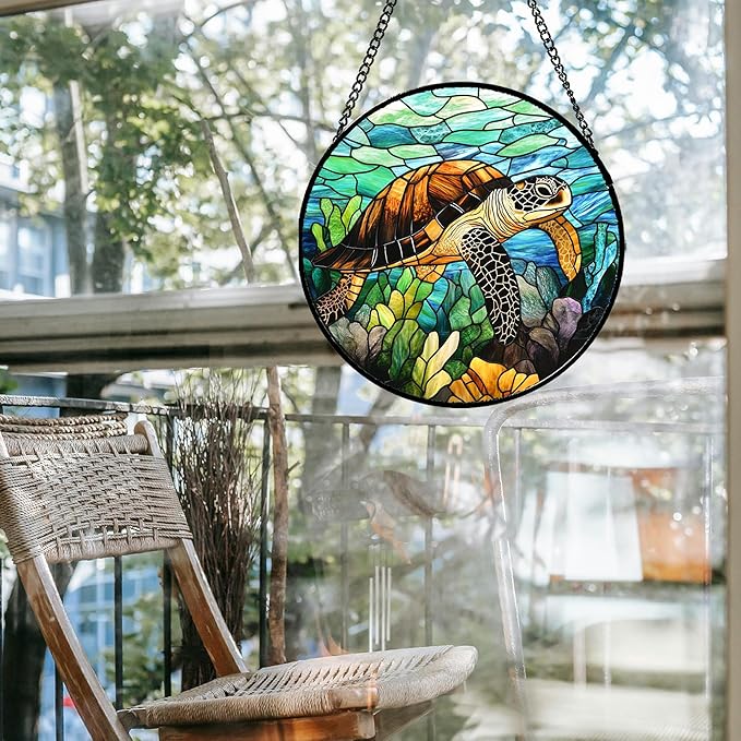 HWRHTR Stained Glass Window Hanging - Cute Sea Turtle Suncatcher for Door Garden Yard Blue Ocean Sun Catchers Decor Christmas Mother's Day Birthday Children's Gifts for Women Mom Nana Friend 7.8 in