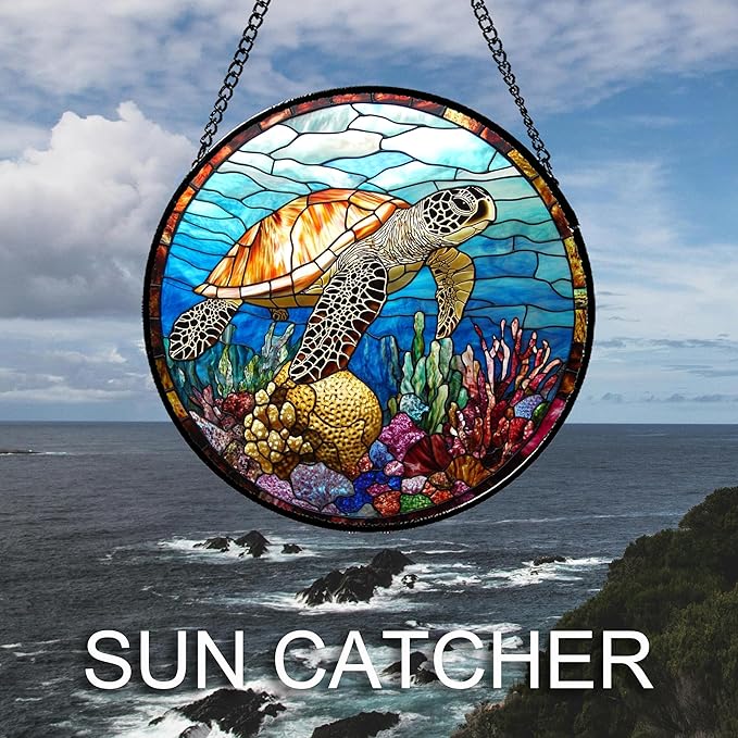 Stained Glass Window Hanging Blue Sea Ocean Coral Turtle 6.3" - Suncatcher Door Garden Sunroom Sun Catcher Home Decor Birthday Christmas for Mom Men Woman Nana