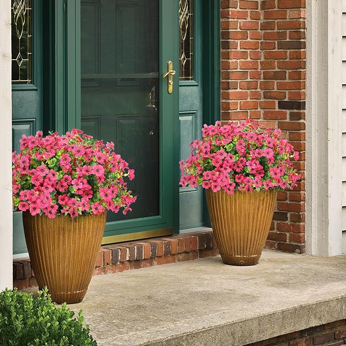 ATTGREAT Artificial Flowers Outdoor Faux Plants UV Resistant Fake Patio Flowers Plastic Greenery Plnats Outside Bulk for Spring Garden Hanging Planter Home Vase Decor, 12 Bundles (Rose Red)