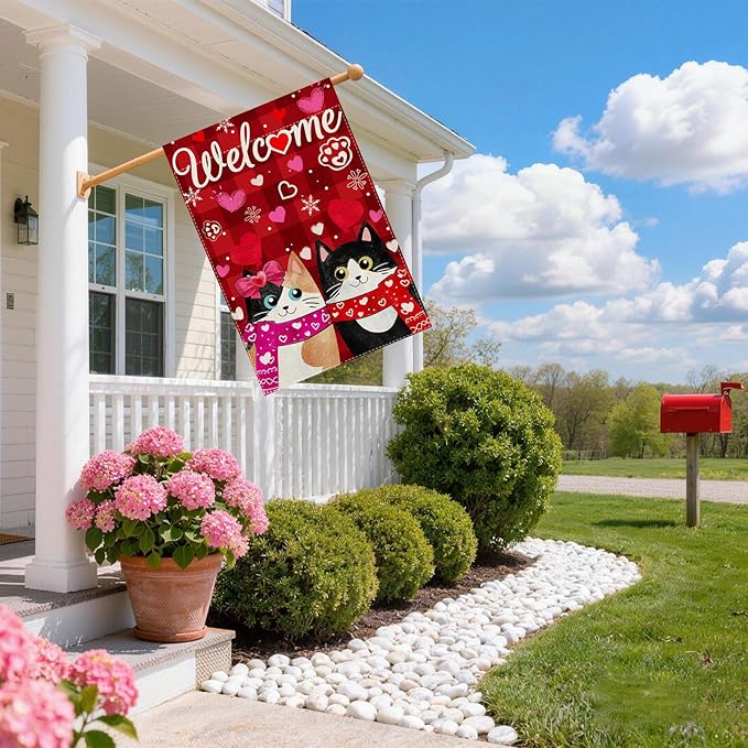 Welcome Valentine’s Day Romantic Love Heart Couple Cats Paw House Flag large 28X40 Inch Big Vertical Double Sided Yard Outdoor Outside Holiday Decoration