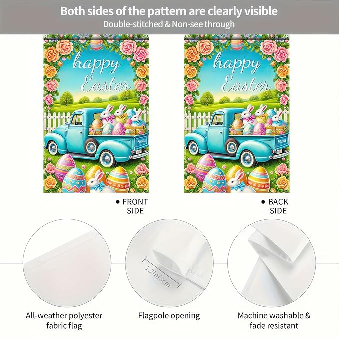 Happy Easter Garden Flag Cute Bunny Truck Yard Flag 12x18 Inch Double Sided Happy Easter Eggs Outdoor Decoration Welcome Easter Outdoor Decoration Spring Farmhouse Holiday