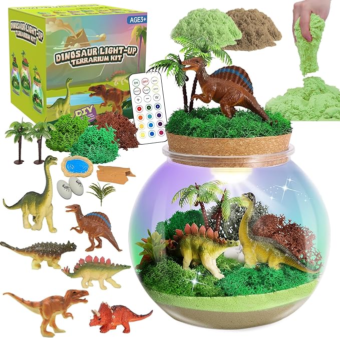 kiddgroo Dinosaur Light-Up Terrarium Kit for Kids- Birthday Gifts for Boys Ages 4 5 6 7 8-12 Year Old- Dinosaur Toys for Boys with Multicolor LED Light & Remote