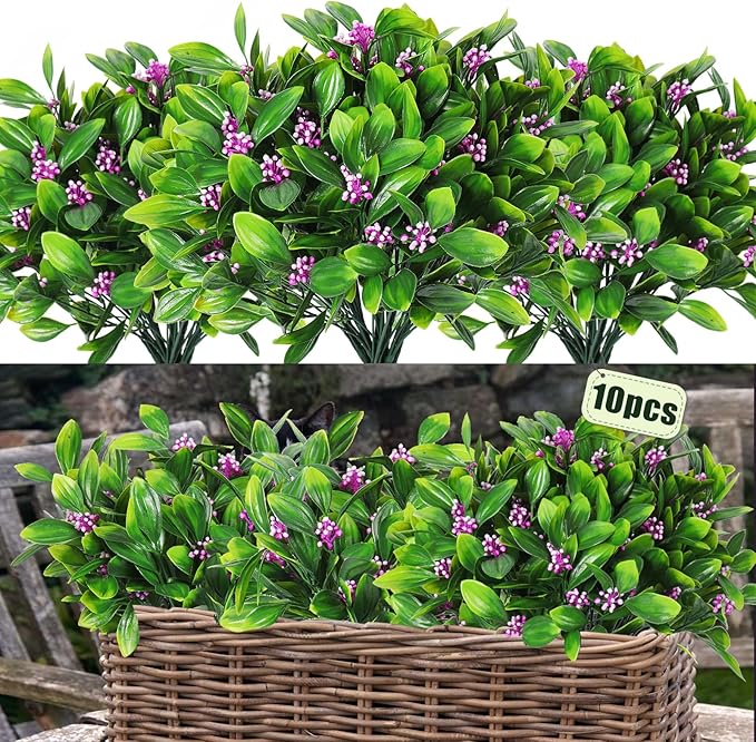 RECUTMS Artificial Shrubs Plastic Plants Fake Grass Leaves Bean Flowers Simulation Greenery Bushes Indoor Outdoor Home Garden Yard Veranda Office Planter Filler Wedding Decoration 10 Pcs (Fuchsia)