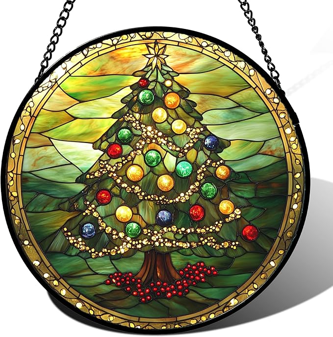 DASTOLL Stained Glass Window Hanging - Green Christmas Tree Gold Ribbon Suncatcher for Doors Home Christmas Decoration Sun Catcher Thanksgiving New Year Birthday Gifts for Women Men Mom Nana 6.3 in