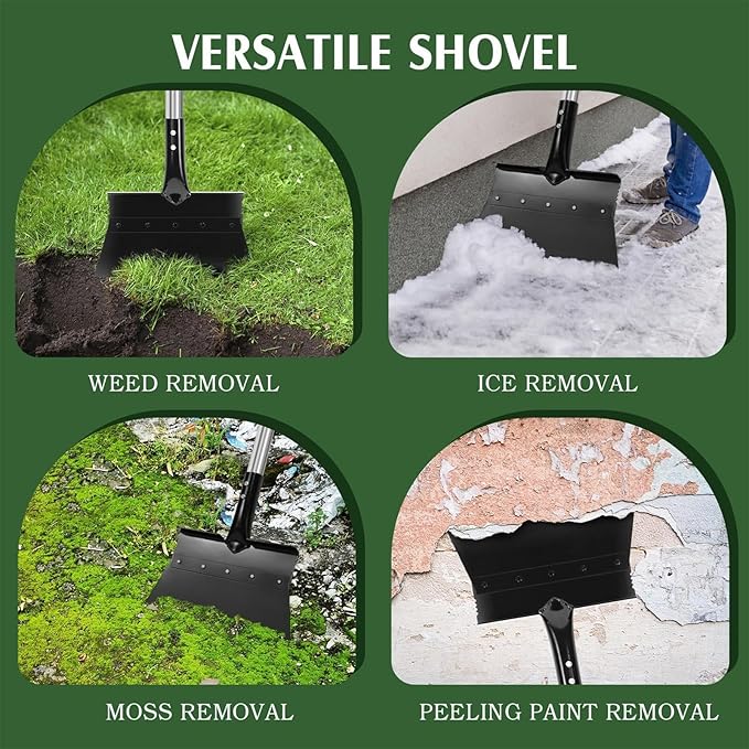 Multi-Purpose Snow Shovel - Flat Ice Scraper, Adjustable Handle Heavy Duty Outdoor SnowRemoval Tool | Garden Floor Scraper, Lawn Edging and Cleaning Portable Winter for Driveway, Sidewalk