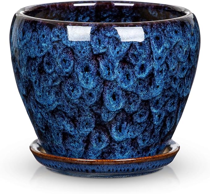 Hollyone Ceramic Planter Blue Ceramic Plant Pot for Plants Flowers 5.5 inch with Drainage Hole and Saucers Ceramic Glaze Round Flower Plant Pot for Indoor Outdoor Round Succulent Orchid Flower Pot