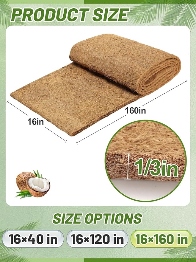 16'' x 160'' Natural Coco Liners for Planters - Coconut Fiber Hanging Basket Liner for Window Box Raised Bed Liner Garden Decoration