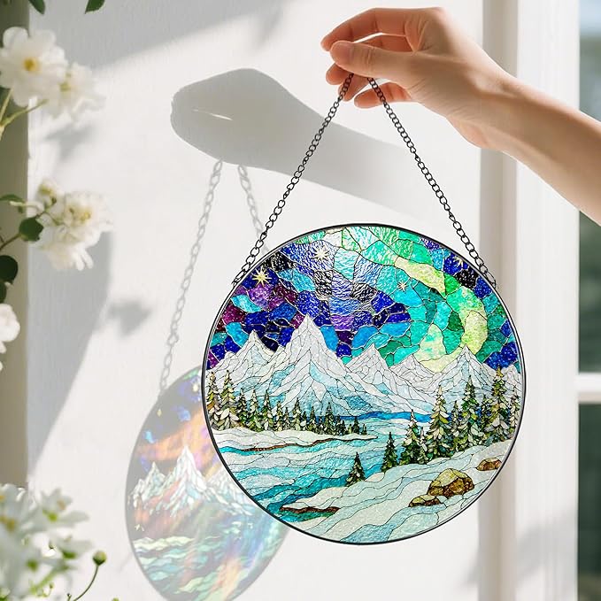 8-Inch Stained Glass Ornament, Stained Glass Window Hanging, Window Hanging Decor Suncatcher, Mountain Landscape Ornament | Holiday, Mother’s Day, Birthday | Gifts for Nature Lovers, Friend & Family