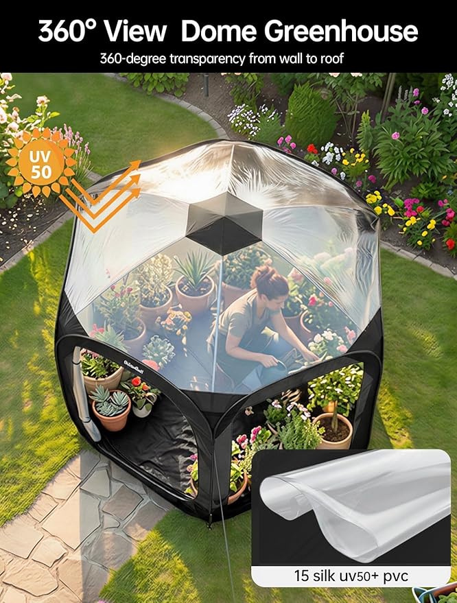 Porayhut Pop Up Greenhouse Tent,Portable Large Walk-in Plant House 10’X10’ ,Indoor Outdoor Gardening Plant Sunshine Room with PVC Mesh Cloth Cover for Protecting Plant from Cold Frost & Birds