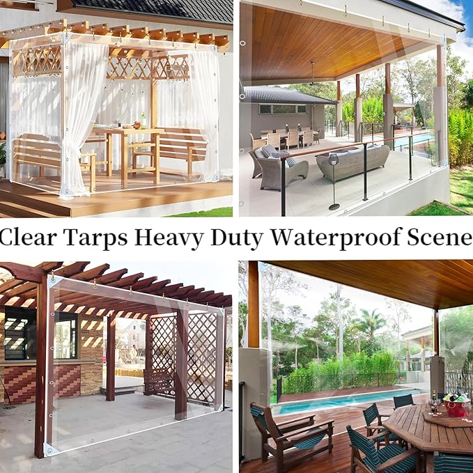 Clear Tarps with Grommets, 6x6.5ft Heavy Duty Waterproof Resistant Transparent Tarp Cover with Reinforced Edge, 14Mil Thickened Tear Resistant Clear PVC Tarp for Patio,Porch