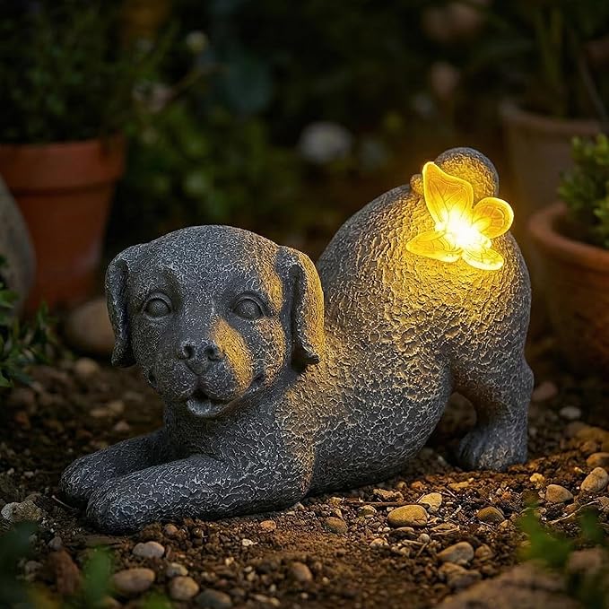 LEWOME Solar Dog Statue with Butterfly Light, Outdoor Puppy Resin Garden Figurine for Patio Yard Lawn, Pet Memorial Gift for Dog Lovers.