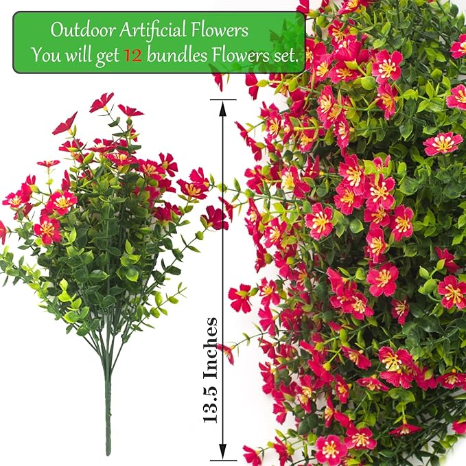 Grunyia Outdoor Artificial Flowers UV Resistant & Fade Proof, 12 Pack Realistic Fake Flowers for Garden, Patio, Lawn Decor - Weatherproof Plastic Plants (Rose Red)