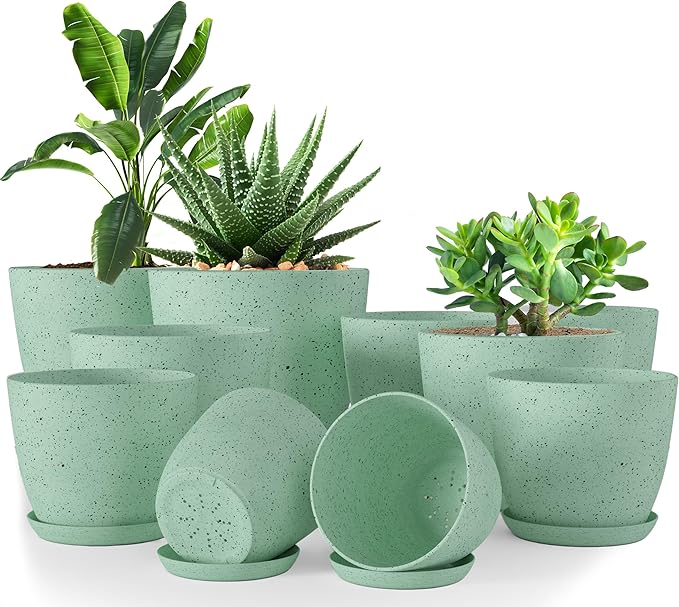 Utopia Home - Spotty Plant Pots Indoor with Drainage - 7/6.6/6/5.3/4.8 Inches Flower Pots - 5 Pack Plastic Planters - Ideal for Stocking Stuffers - (Speckled Mint, Pack of 10)