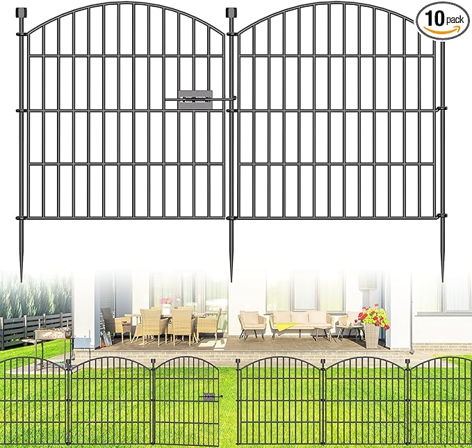 10 Panels No Dig Decorative Garden Fence with Gate - 24 in (H) x 20 ft (L) Dog Rabbits and Pets Fence Outdoor for Yard, Animal Barrier Tall Rustproof Metal Wire Fencing Border for Garden and Patio