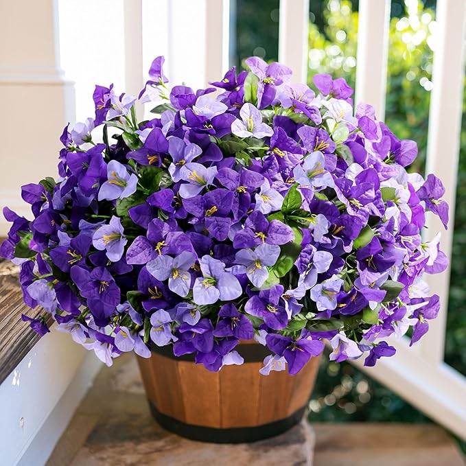 Artificial Spring Flowers for Outdoors, 4 Bundles Fake Bougainvillea UV Resistant Silk Flowers for Outside Faux Outdoor Plants for Planter Patio Porch Window Garden Home Decoration, Mixed Purple