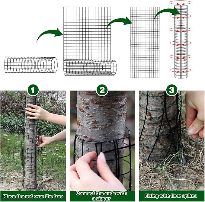 48" Metal Tree Trunk Guard, 4 Pack Mesh Protectors with Zip Ties, Glove & Metal Stakes - Protect Bark & Saplings from Mowers, Deer & Other Animals