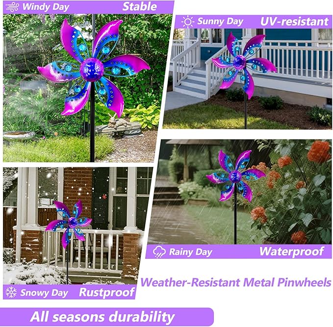 Gronhof Wind Spinners Outdoor Metal, 10.63" W*37" H Pinwheels for Yard and Garden Decor, Kinetic Wind Sculpture Spinner Yard Art (Purple)