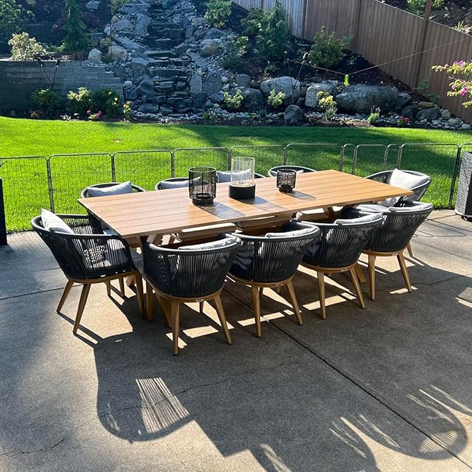 PURPLE LEAF 11 Pieces Patio Dining Set Wicker Outdoor Furniture Rectangular Table and Chairs Set for Garden Deck Teak-Finish Aluminum Frame Backyard Kitchen Set, Cushions and Pillows Included