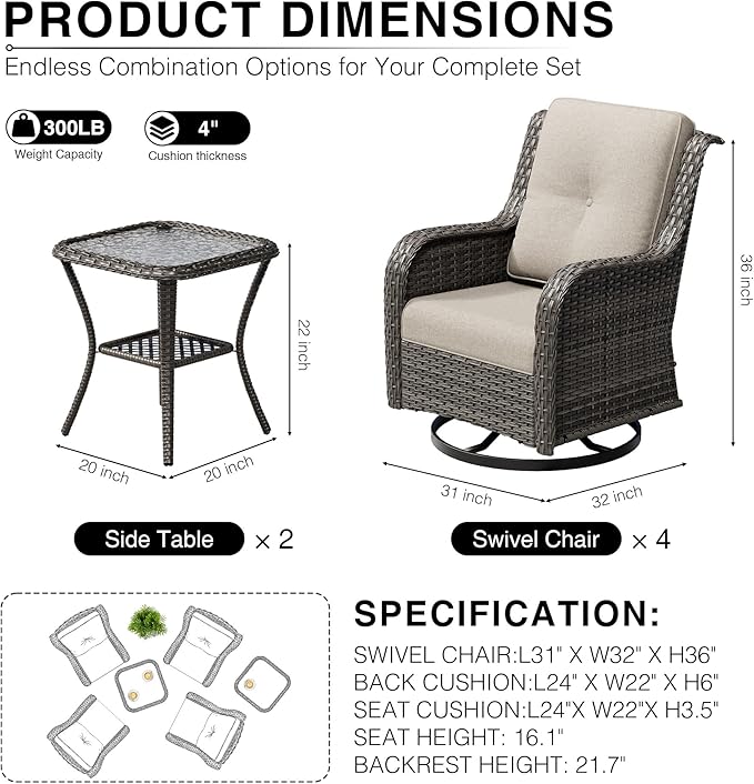 Joyside 6 Piece Wicker Patio Furniture Set, Outdoor Swivel Rocker Patio Chairs with High Back, Deep Seating, Wide Armrest, Thickened Cushions, Outdoor Furniture for Deck, Porch Use